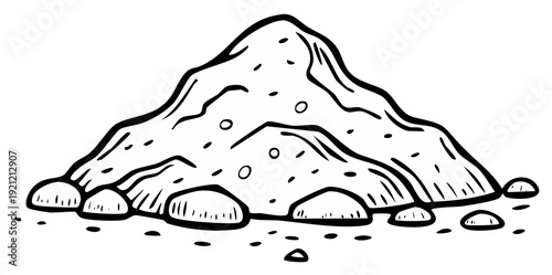 Pile of Sand or Soil Cartoon Illustration, Line Art with Stones and Sediment, Construction Material
