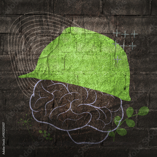 Psychotherapy concept. Problem solving, chaos and mess, difficult situation. Psychological help and mental health. Brain covered by safety helmet. Work safety and insurance.
