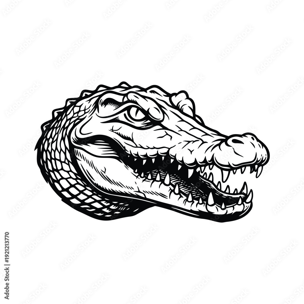 Naklejka premium Crocodile Head Illustration, Alligator Line Art, Predator Wildlife Portrait