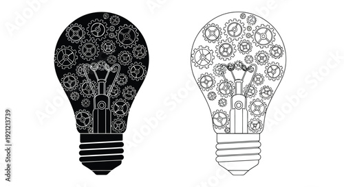 Two lightbulbs filled with intricate gear mechanisms one dark one light
