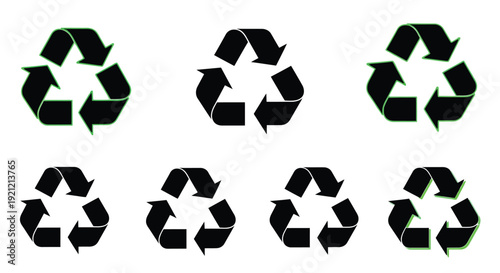 Three variations of the universal recycling symbol in black and green