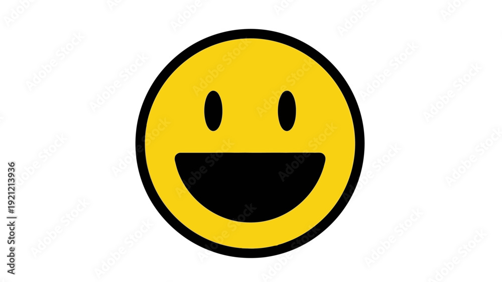 Fototapeta premium yellow smiley face with wide open mouth and black eyes on white background symbolizing happiness joy and good mood.