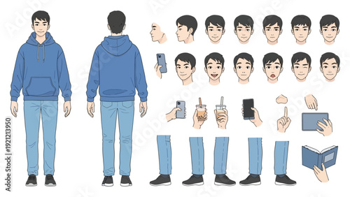 young asian man character blue hoodie jeans expressions hand gestures with phone book tea for youth lifestyle art.