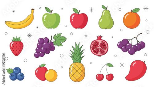 vibrant fruit illustrations of diverse healthy produce like apples bananas berries for promoting nutrition and healthy eating.