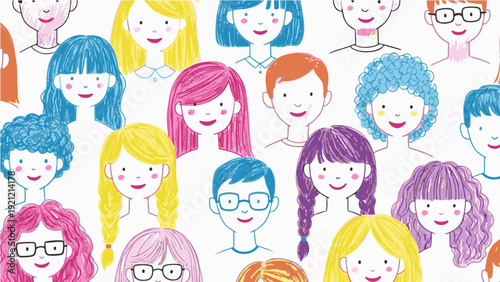 vibrant illustration of a diverse group of smiling cartoon people symbolizing multicultural community inclusion and human connection.