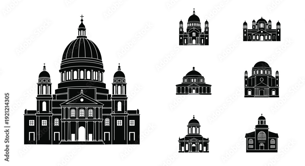 Εκτύπωση καμβά Black and white silhouettes of various iconic cathedral buildings