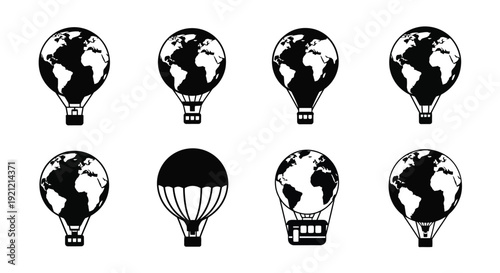 Black and white illustration of hot air balloons shaped like the earth