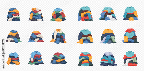 Large collection of untidy clothes piles, isolated vector illustration set.