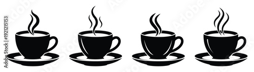 Set of tea or coffee cup vector icon. Black and white coffee cup icon with steam. Vector illustration.
