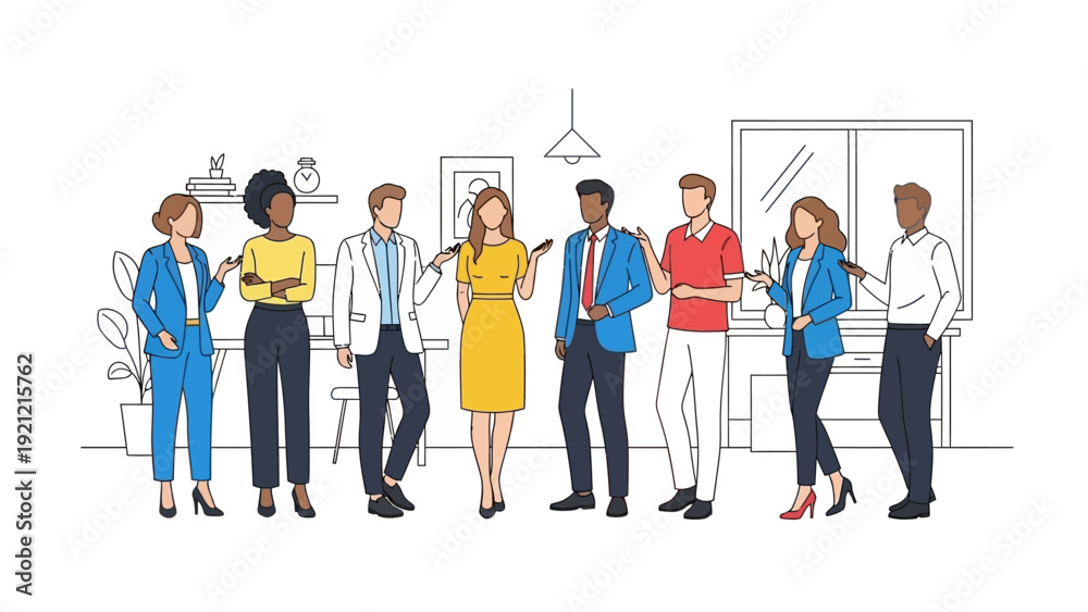 Obraz premium diverse business professionals collaborating in modern office discussing ideas symbolizing teamwork corporate culture communication