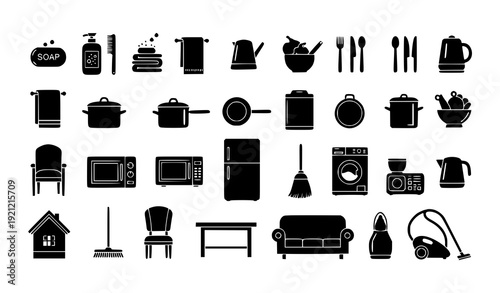 Comprehensive Home Essentials Vector Icons Set in Flat Black Silhouette Style for Household Items