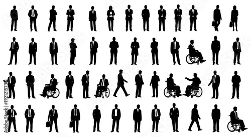 diverse business people silhouettes including men women and disabled in various professional poses for corporate and hr concepts.