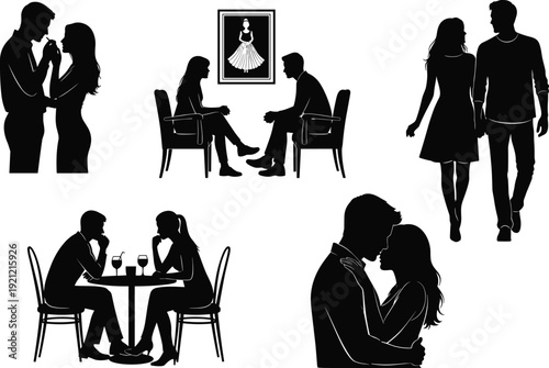Black vector silhouette set of romantic couples dating walking hugging and dining together for wedding anniversary and relationship branding, cad drawing flat vector illustration