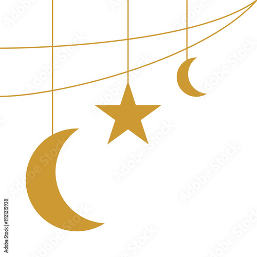 Golden Islamic Crescent Moon and Star Border Flat Design Ramadan and Eid Mubarak Frame