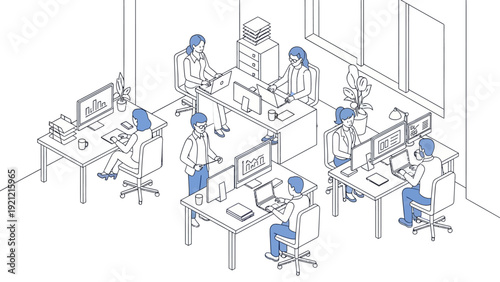 dedicated business people working and collaborating on computers in a modern open-plan office illustrating corporate productivity.