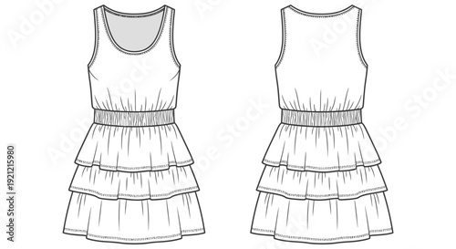 detailed technical flat sketch of a womens sleeveless tiered dress with shirred waist front and back ideal for fashion design.