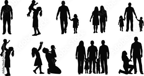 Black vector silhouette set of happy families parents holding hands playing with children and a romantic proposal for lifestyle branding, cad drawing flat vector illustration