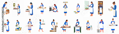 Culinary journey of women: preparing fresh ingredients, cooking, baking, and preserving, showcasing healthy and homemade food processes.