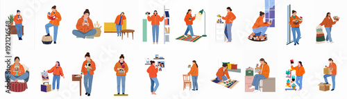 A woman organizing, cherishing, and reflecting on memories with photos and personal items in different home settings.