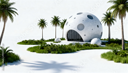 Futuristic Geodesic Dome Structure in Tropical Landscape with Palm Trees