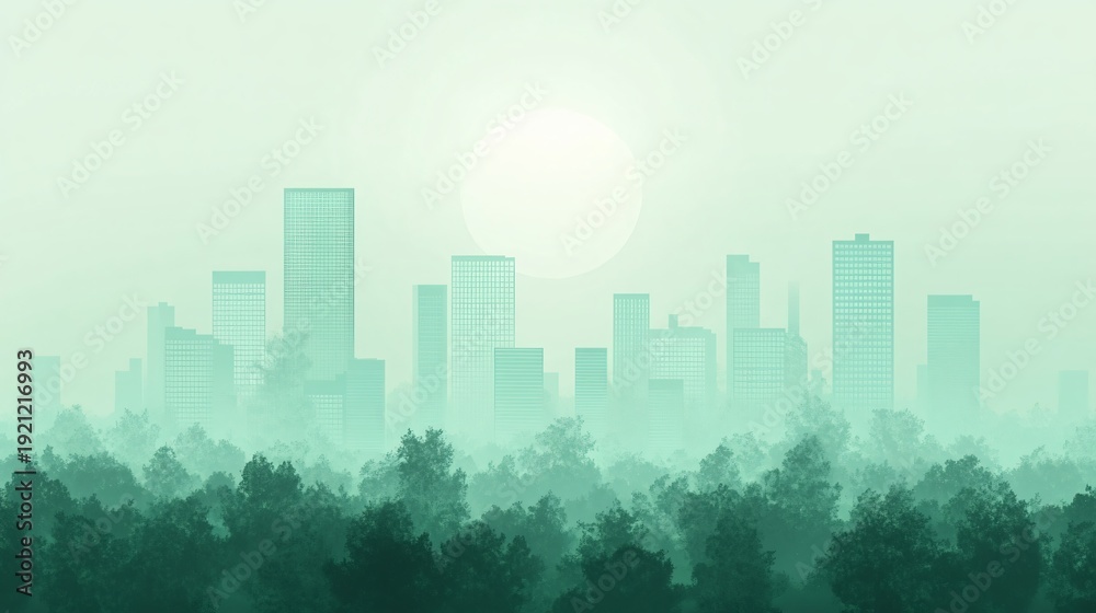 Fototapeta premium Minimalist green city skyline above forest silhouette in misty pastel flat illustration