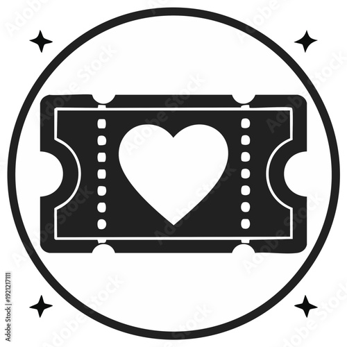 Love heart ticket icon inside a circle with star bursts symbolizing celebration