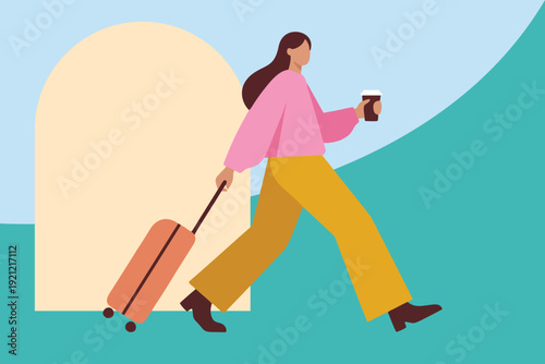 Flat vector illustration of a modern business woman walking with a rolling suitcase while holding a coffee cup. 