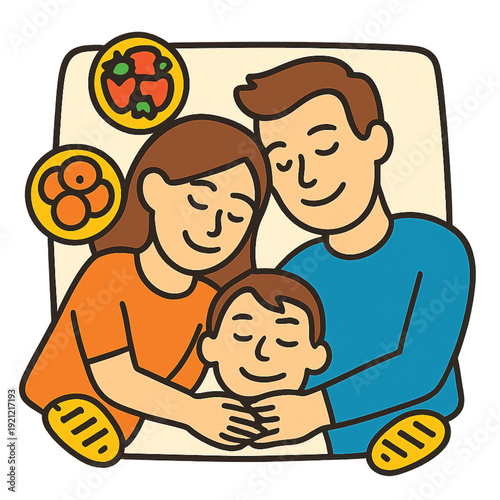 A happy family of mother, father, and child embracing with eyes closed, surrounded by nutritious food icons like vegetables, fruits, and bread, representing love, health, and well-being.
