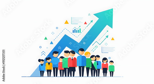 Conceptual illustration of business growth, team collaboration, and upward financial trend represented by an arrow and diverse group of people