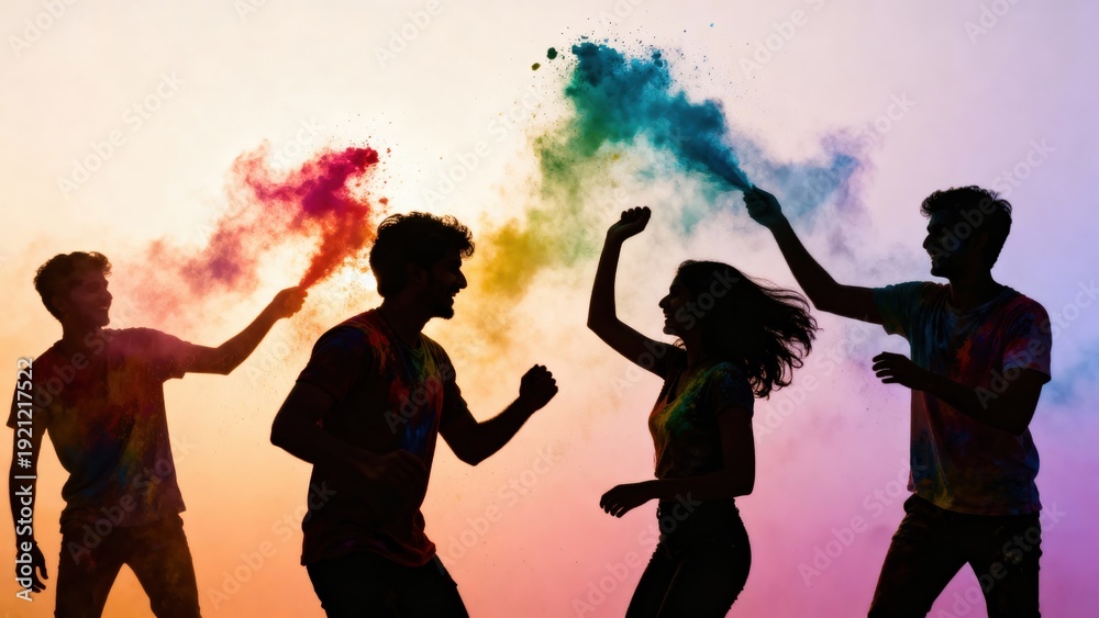 Fototapeta premium Silhouetted young friends joyfully celebrate happy holi with vibrant colored powder against a bright sky.