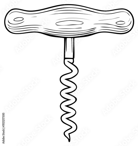 Line art illustration of a corkscrew for opening wine bottles vintage design