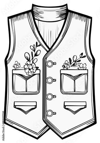 Sketch of a detailed waistcoat with floral embellishments and pocket details