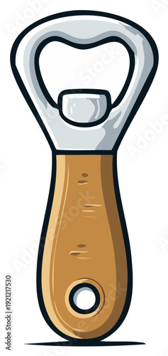 Bottle Opener Illustration with Wooden Handle and Silver Metal Components for Beverage Service