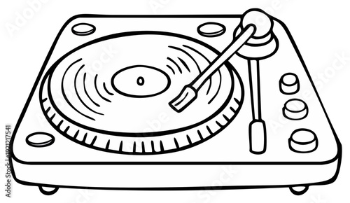 Hand drawn illustration of a vintage record player with a spinning vinyl disc and tonearm
