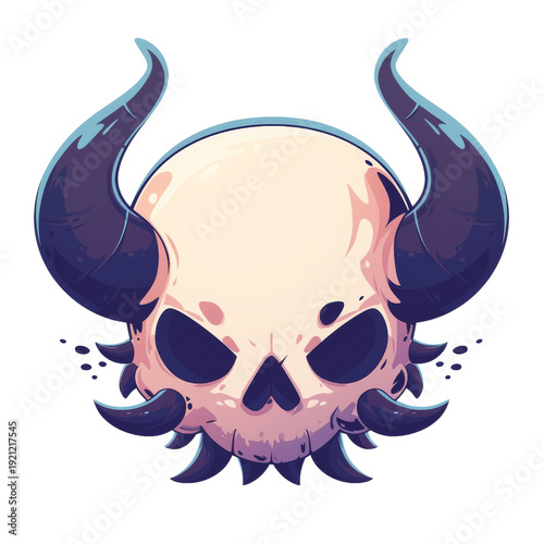 A whimsical cartoon skull with large dark horns and tentacle-like features, rendered in a clean vector art style.