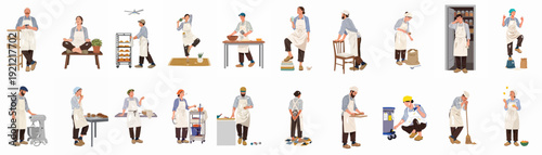 Diverse bakers and kitchen staff in various daily activities, showcasing baking, resting, and cleaning duties in a modern flat illustration style.