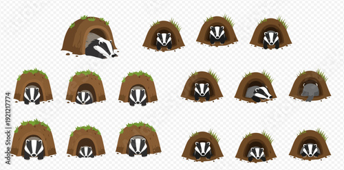 A collection of cute cartoon badger characters peeking out from their burrows on the ground.
