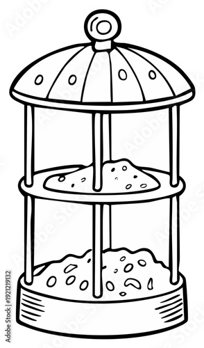 Monochrome two-tiered fountain sketch featuring water and decorative accents.