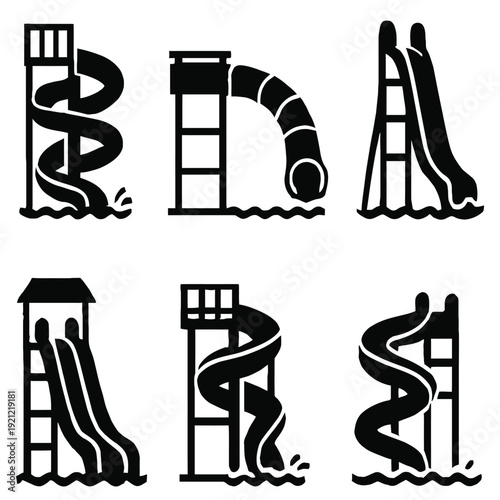 Water Slide Icon Set - Amusement Park Tube and Spiral Playground Silhouettes, Black Vector on White