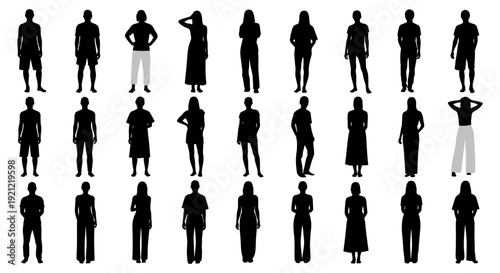 diverse collection of full body black silhouettes of men and women in various standing poses isolated on a white background ideal for graphic assets.