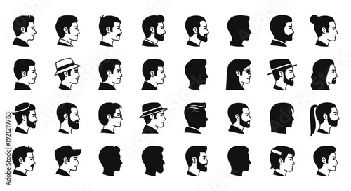 diverse male profile icons with hairstyles beards and accessories for user avatars ui ux design and brand identity.