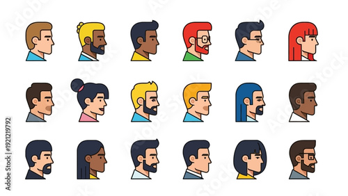 diverse people avatar icons modern flat vector design of varied genders ethnicities and hairstyles for digital web use.
