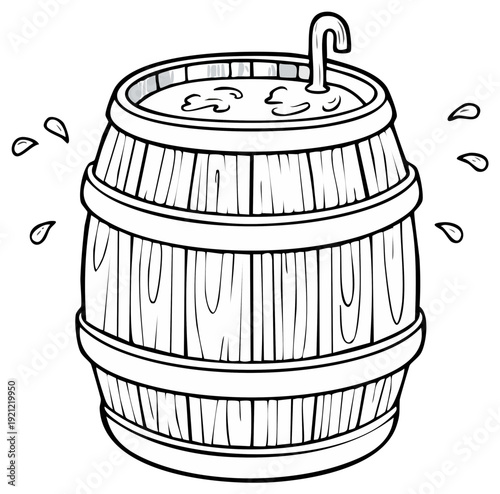 Wooden barrel filling with water from a faucet, splashing droplets