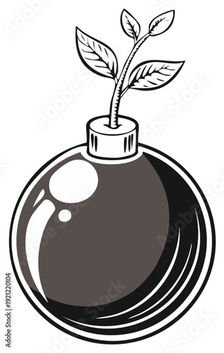 Bomb with a plant growing out of it symbolizing peace and growth