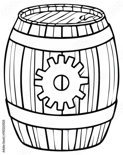 Illustration of a traditional wooden cask with metal hoops and a prominent gear symbol on its front