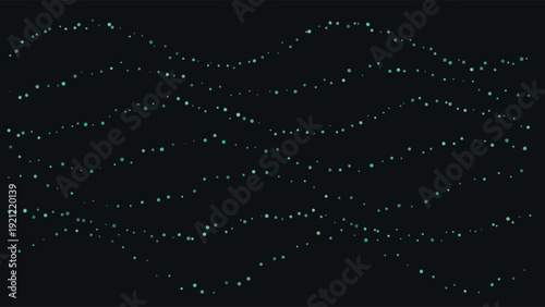 Abstract digital art composition featuring glowing neon green dots arranged in wavy horizontal lines against deep black background for futuristic tech, cyberpunk, or digital design projects