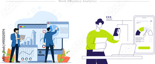 Premium Work Efficiency Analytics Illustration Business Data Performance, KPI Monitoring and Dashboard Visualization Flat Vector Set