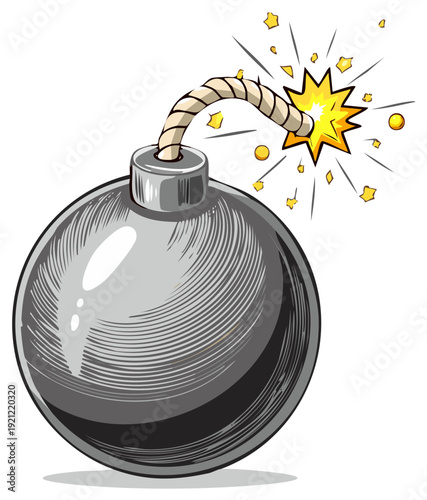 Cartoon bomb with lit fuse and explosion sparks illustration graphic design element