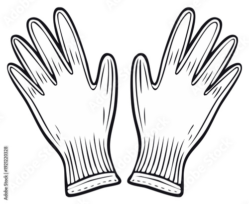 Outline drawing of a pair of protective gloves for work or gardening black and white vector illustration