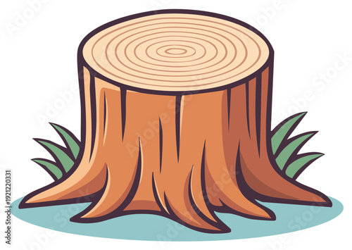 Cartoon illustration of a tree stump with grass.